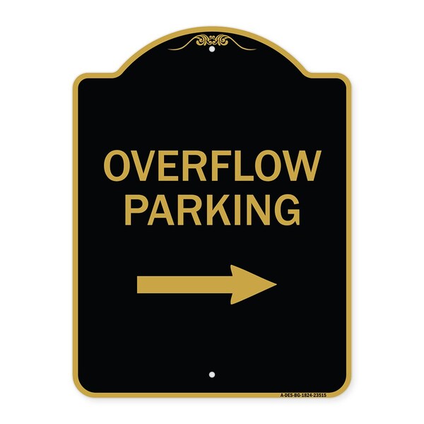 Overflow Parking W/ Right Arrow, Black & Gold Aluminum Architectural Sign, 18" x 24", BG-1824-23515